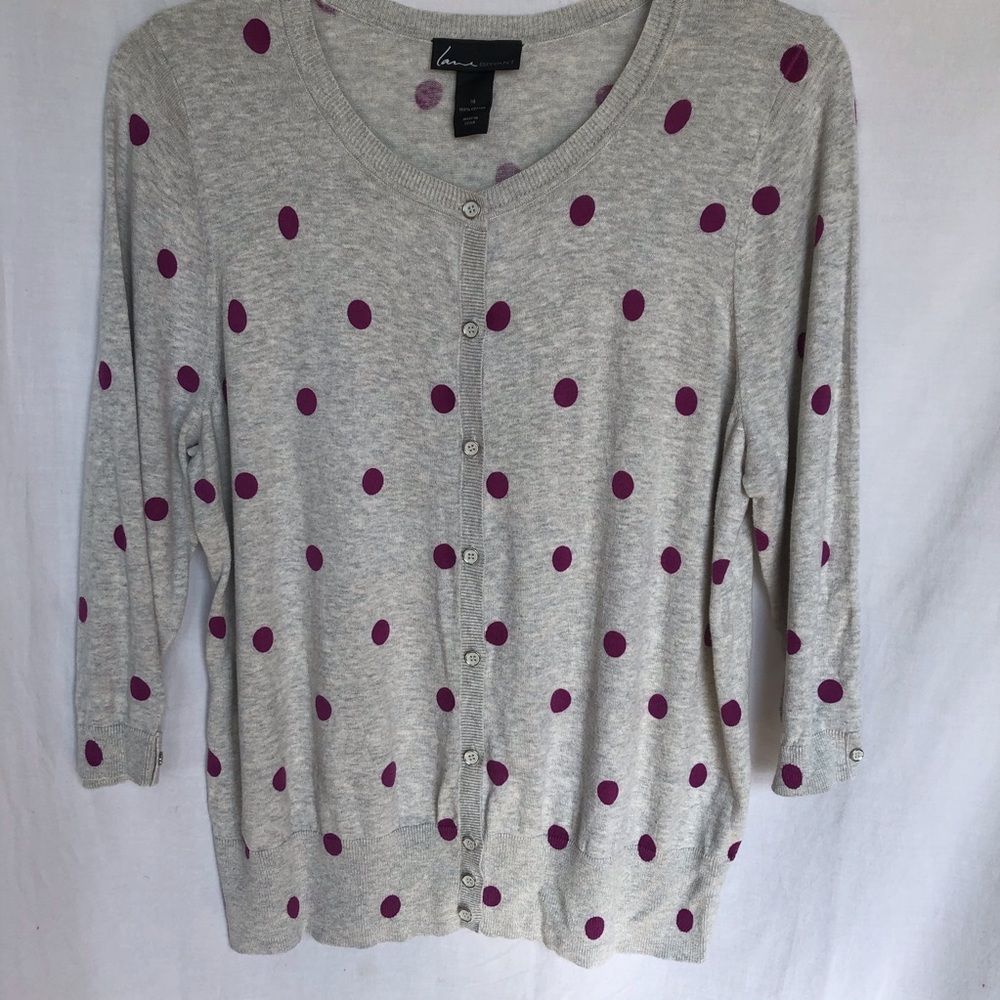 Lane Bryant Cardigan Sweater Gray Purple  Dots 16